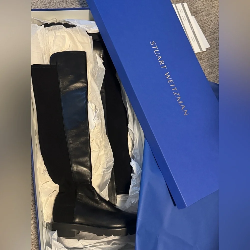 Stuart Weitzman Gotham Knee-High Boots Black Leather Lug Sole NIB Size 7.5 B
